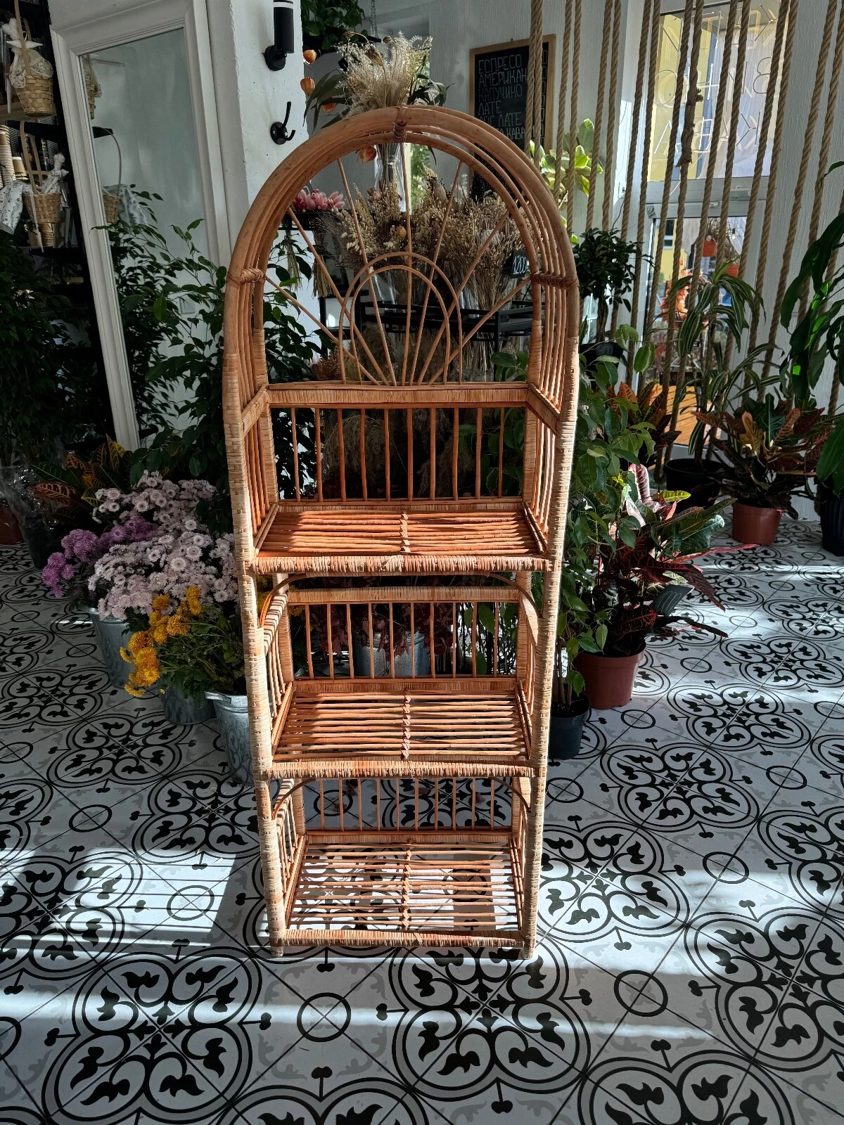 rattan arched shelf wicker bookcase boho bookshelf